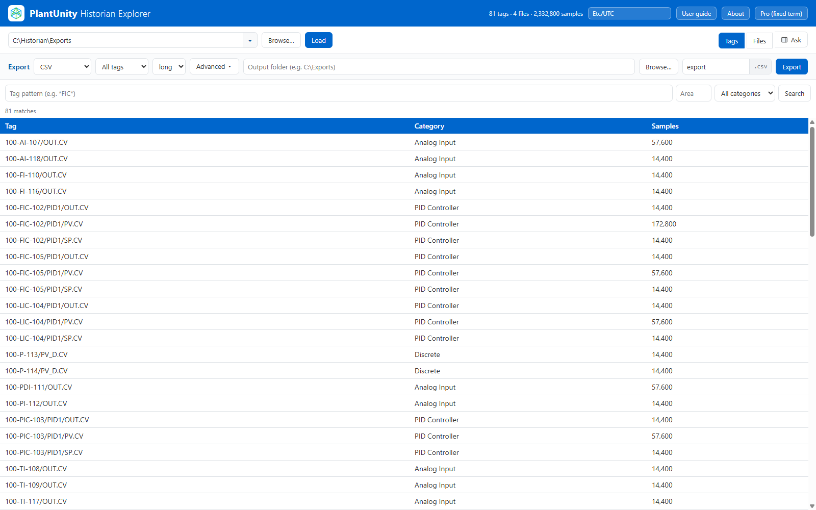 Historian Explorer: tag list with tag pattern search, category filter, 81 matches and the sample count of each tag